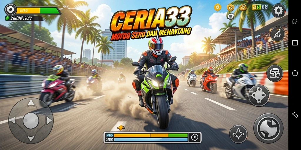 Screenshot CERIA33 menunjukkan aksi balap motor yang mendebarkan di lintasan.