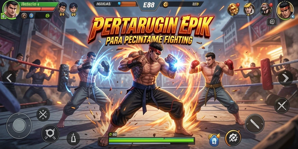 Screenshot utama E88 menampilkan aksi pertarungan yang mendebarkan.
