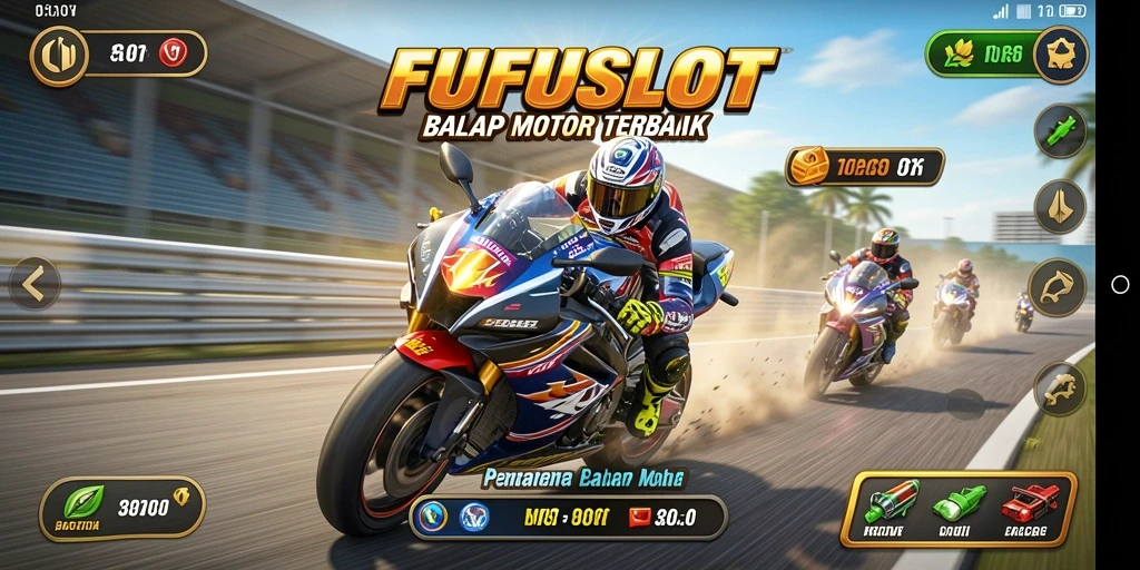Gameplay mendebarkan FUFUSLOT dengan balapan motor yang seru.