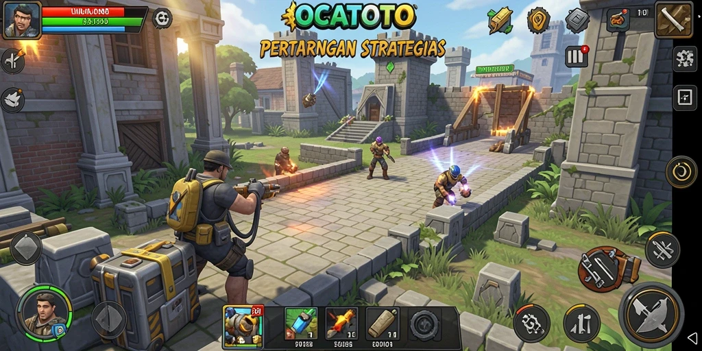 Tangkapan layar utama OCATOTO menunjukkan pertempuran intens dalam Tower Defense.