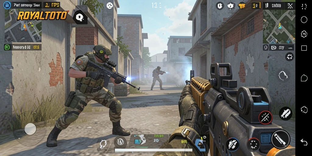Screenshot utama ROYALTOTO menampilkan aksi intens dalam pertempuran FPS.