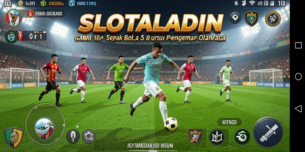 Screenshot gameplay SLOTALADIN yang menampilkan aksi seru di lapangan sepak bola.