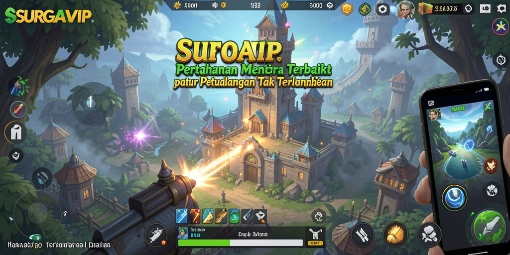 Screenshot gameplay SURGAVIP menampilkan menara yang siap bertahan dari serangan musuh.